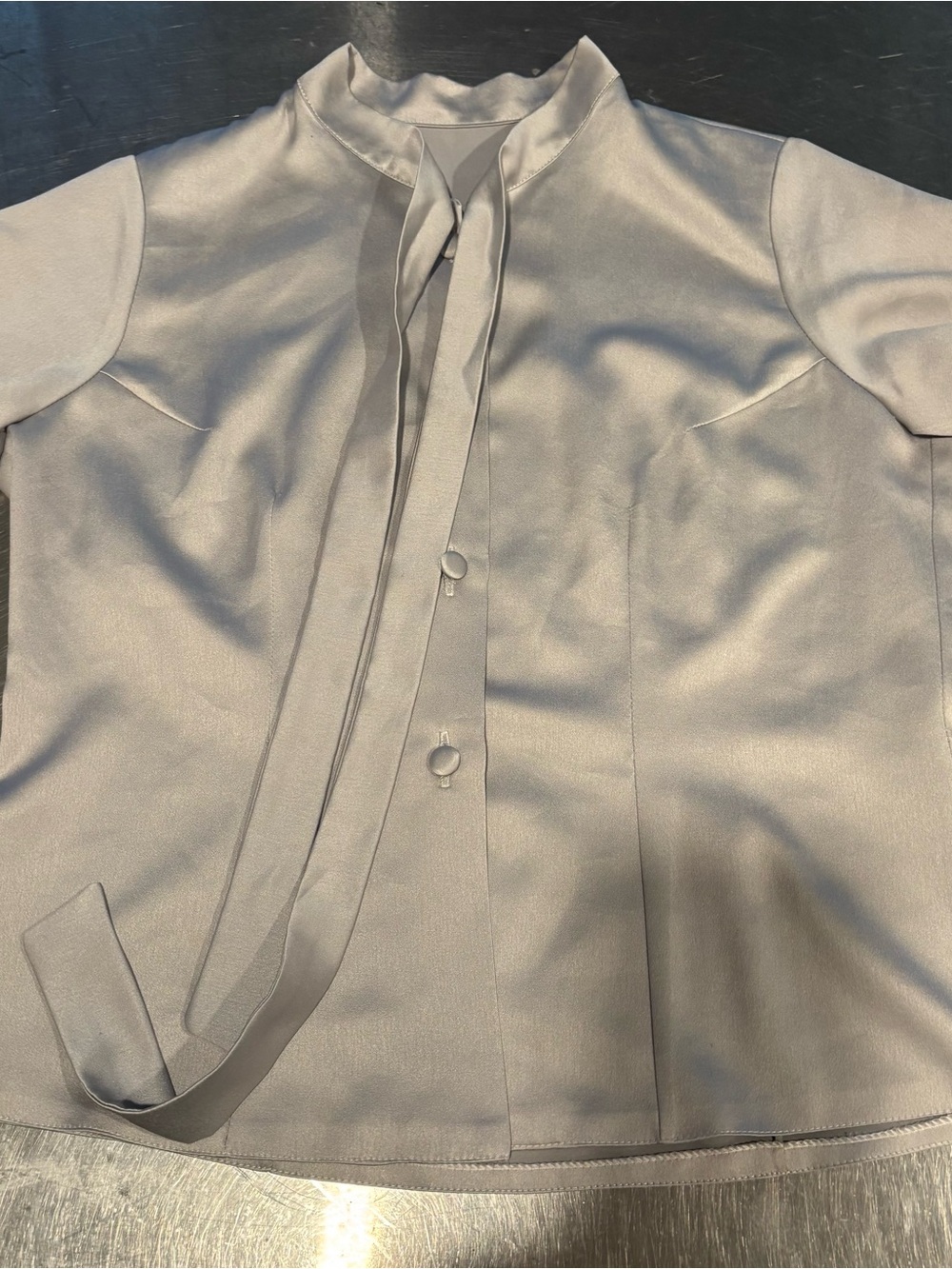 Gray Tie-Neck Short Sleeve Blouse - Picture 5 of 5